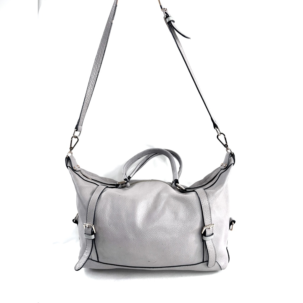 Ora Delphine Light Gray Pebbled Leather Medium Shoulder Bag Satchel Belted